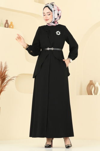 moda selvim Asimetrik Kesim Elbise Ferace 112OZT1013 Siyah - Thumbnail