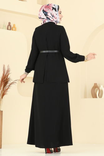 moda selvim Asimetrik Kesim Elbise Ferace 112OZT1013 Siyah - Thumbnail