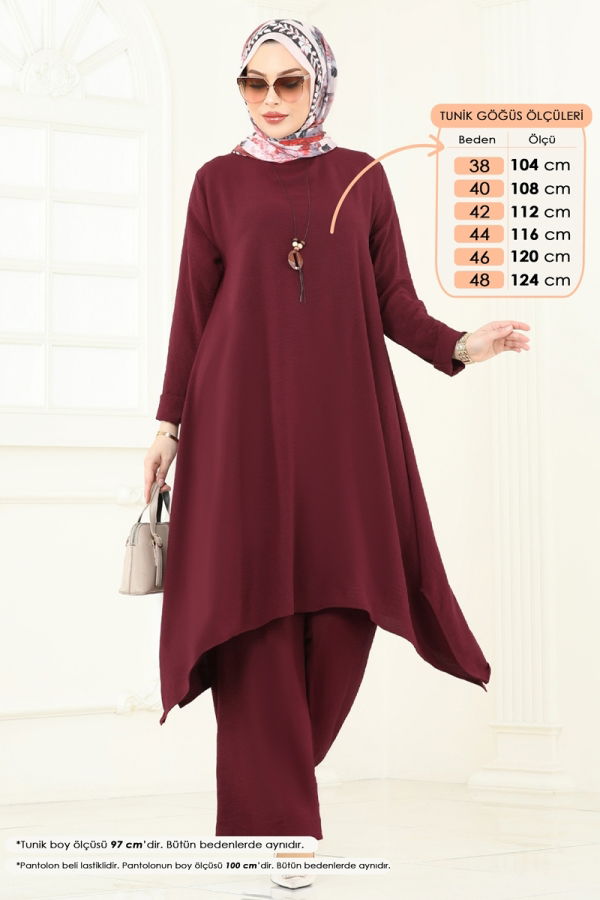 Modaselvim Kombin Asimetrik Kesim Kolyeli Takım 2525BG354 Bordo