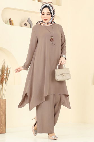 moda selvim Asimetrik Kesim Kolyeli Takım 2525BG354 Koyu Vizyon - Thumbnail