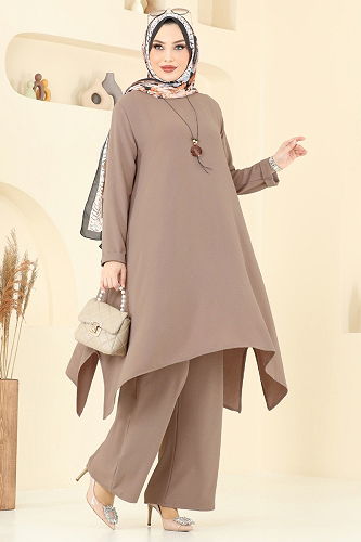 moda selvim Asimetrik Kesim Kolyeli Takım 2525BG354 Koyu Vizyon - Thumbnail