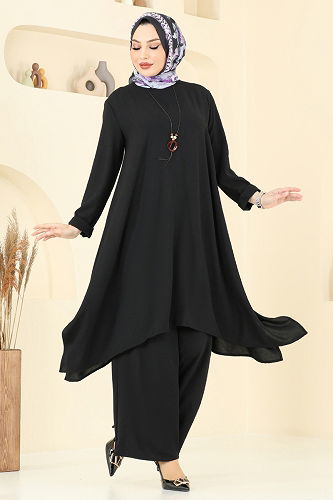 moda selvim Asimetrik Kesim Kolyeli Takım 2525BG354 Siyah - Thumbnail
