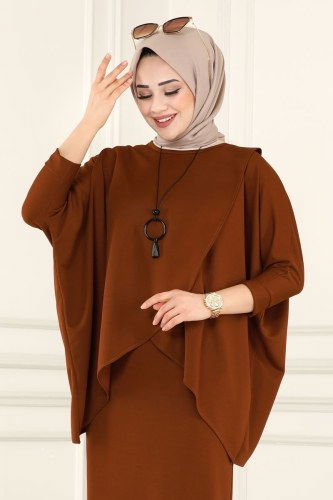 moda selvim Asimetrik Kesim Mira Takım 1502UKB139 Taba - Thumbnail