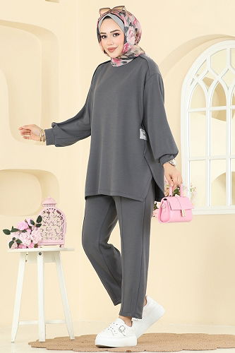 moda selvim Asimetrik Kesim Modal Takım 21189MPR1163 Antrasit - Thumbnail