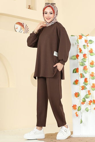 moda selvim Asimetrik Kesim Modal Takım 21189MPR1163 Kahve - Thumbnail