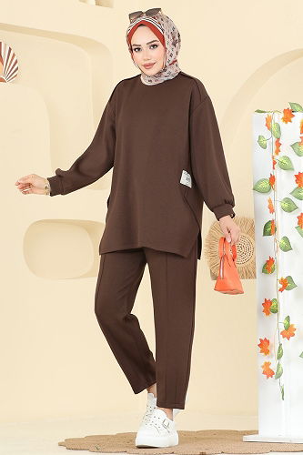 moda selvim Asimetrik Kesim Modal Takım 21189MPR1163 Kahve - Thumbnail