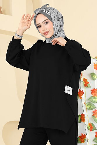 moda selvim Asimetrik Kesim Modal Takım 21189MPR1163 Siyah - Thumbnail