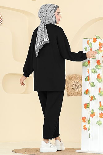 moda selvim Asimetrik Kesim Modal Takım 21189MPR1163 Siyah - Thumbnail