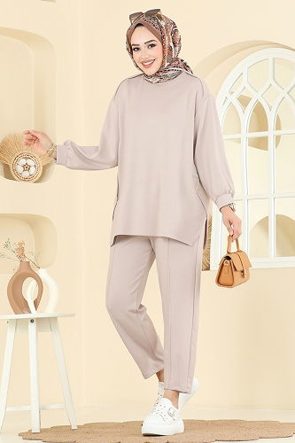 moda selvim Asimetrik Kesim Modal Takım 21189MPR1163 Taş - Thumbnail