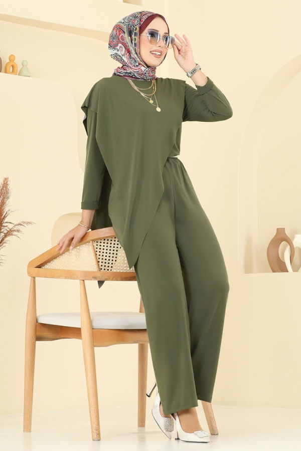 Modaselvim Kombin Asimetrik Kesim Sandy Takım 6026UZ662 Haki