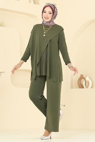 moda selvim Asimetrik Kesim Sandy Takım 6026UZ662 Haki - Thumbnail