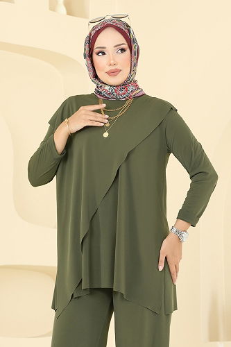 moda selvim Asimetrik Kesim Sandy Takım 6026UZ662 Haki - Thumbnail