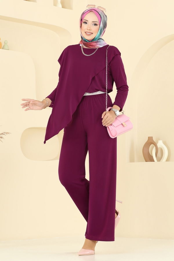 Modaselvim Kombin Asimetrik Kesim Sandy Takım 6026UZ662 Mürdüm
