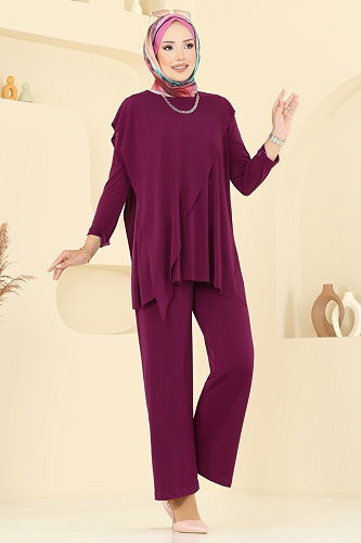 moda selvim Asimetrik Kesim Sandy Takım 6026UZ662 Mürdüm - Thumbnail