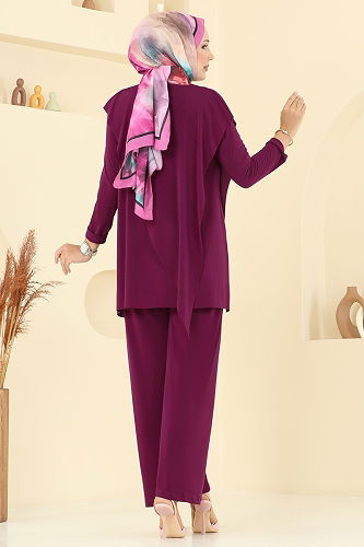 moda selvim Asimetrik Kesim Sandy Takım 6026UZ662 Mürdüm - Thumbnail