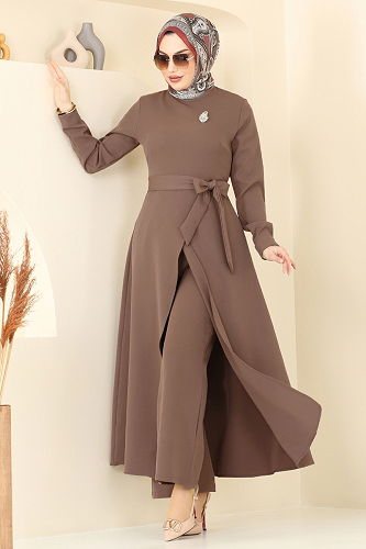 moda selvim Asimetrik Kesim Tesettür Takım 2640SL432 Açık Kahve - Thumbnail