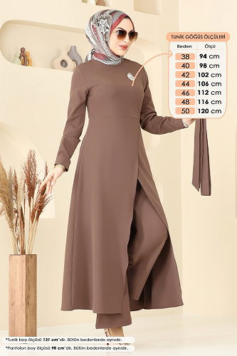 moda selvim Asimetrik Kesim Tesettür Takım 2640SL432 Açık Kahve - Thumbnail