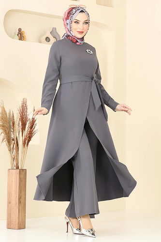 moda selvim Asimetrik Kesim Tesettür Takım 2640SL432 Antrasit - Thumbnail