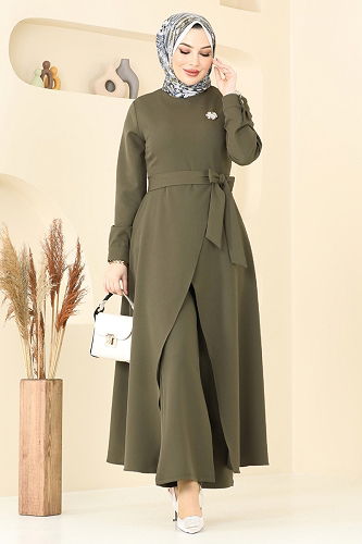 moda selvim Asimetrik Kesim Tesettür Takım 2640SL432 Haki - Thumbnail