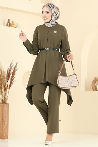 moda selvim Asimetrik Kesim Tesettür Takım 2695SL432 Haki - Thumbnail