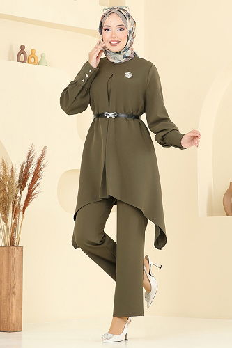 moda selvim Asimetrik Kesim Tesettür Takım 2695SL432 Haki - Thumbnail