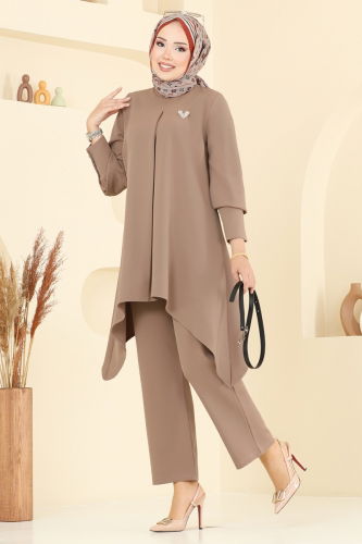 moda selvim Asimetrik Kesim Tesettür Takım 2695SL432 Koyu Vizon - Thumbnail
