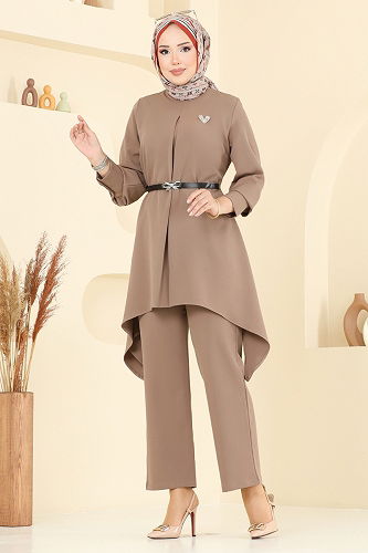 moda selvim Asimetrik Kesim Tesettür Takım 2695SL432 Koyu Vizon - Thumbnail