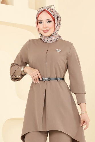 moda selvim Asimetrik Kesim Tesettür Takım 2695SL432 Koyu Vizon - Thumbnail
