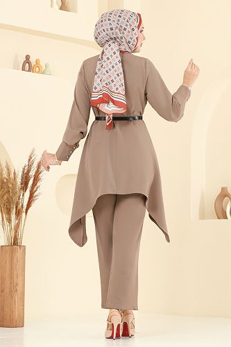 moda selvim Asimetrik Kesim Tesettür Takım 2695SL432 Koyu Vizon - Thumbnail