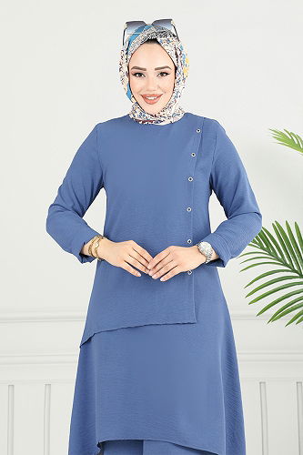 moda selvim Asimetrik Kesim Tesettür Takım 3119HBS932-M İndigo - Thumbnail