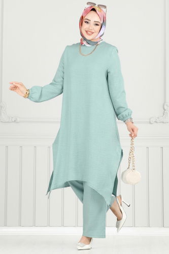 moda selvim Asimetrik Kesim Tesettür Takım 385DVL817 Açık Mint - Thumbnail