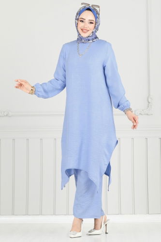D.V.L. - Asimetrik Kesim Tesettür Takım 385DVL817 Bebe Mavisi