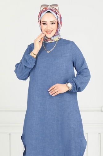 moda selvim Asimetrik Kesim Tesettür Takım 385DVL817 İndigo - Thumbnail