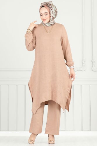 moda selvim Asimetrik Kesim Tesettür Takım 385DVL817 Koyu Vizyon - Thumbnail
