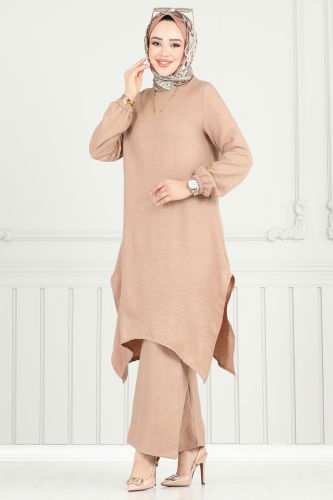 moda selvim Asimetrik Kesim Tesettür Takım 385DVL817 Koyu Vizyon - Thumbnail