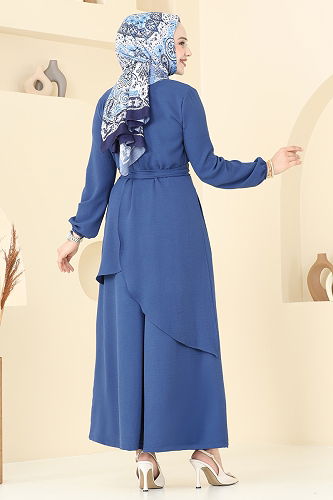 moda selvim Asimetrik Kesim Tesettür Takım 4743ZNK1009 İndigo - Thumbnail