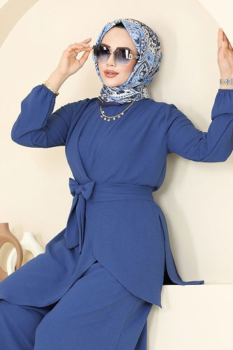 moda selvim Asimetrik Kesim Tesettür Takım 4743ZNK1009 İndigo - Thumbnail