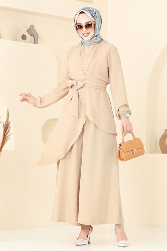 moda selvim Asimetrik Kesim Tesettür Takım 4743ZNK1009 Taş - Thumbnail