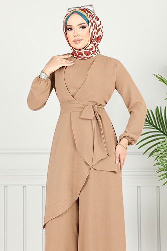 moda selvim Asimetrik Kesim Tesettür Takım 4743ZNK903-M Koyu Vizyon - Thumbnail