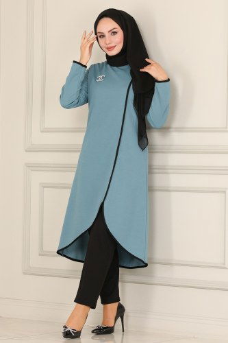 moda selvim Asimetrik Kesim Tesettür Takım PL9013 Mint&Siyah - Thumbnail
