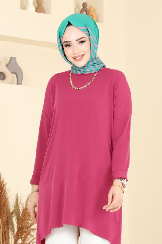 moda selvim Asimetrik Kesim Tesettür Tunik 5094UZ662 Fuşya - Thumbnail