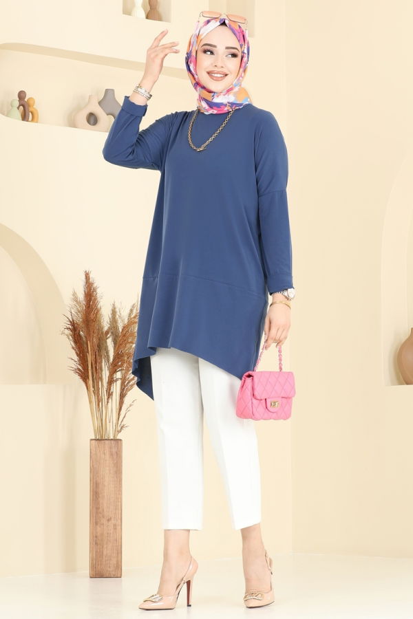 Modaselvim İndirimli Yeni Sezon Asimetrik Kesim Tesettür Tunik 5094UZ662 İndigo