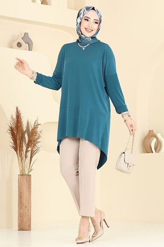 moda selvim Asimetrik Kesim Tesettür Tunik 5094UZ662 Petrol - Thumbnail