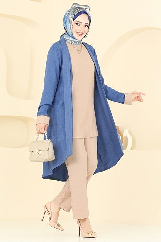 moda selvim Asimetrik Kesim Üçlü Takım 25071MTS1094 İndigo - Thumbnail