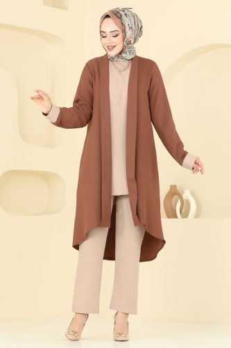 moda selvim Asimetrik Kesim Üçlü Takım 25071MTS1094 Taba - Thumbnail