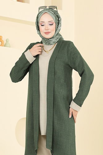 moda selvim Asimetrik Kesim Üçlü Takım 3129HBS856 Haki&Taş - Thumbnail