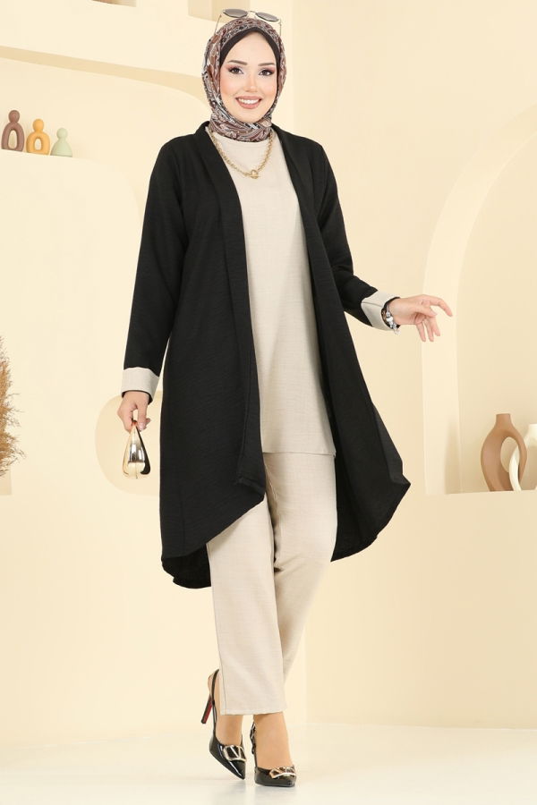 Modaselvim Kombin Asimetrik Kesim Üçlü Takım 3129HBS856 Siyah&Taş