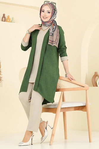 moda selvim Asimetrik Kesim Üçlü Takım 3129HBS856 Yeşil&Taş - Thumbnail