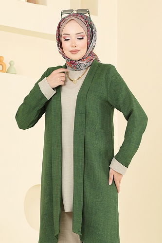 moda selvim Asimetrik Kesim Üçlü Takım 3129HBS856 Yeşil&Taş - Thumbnail