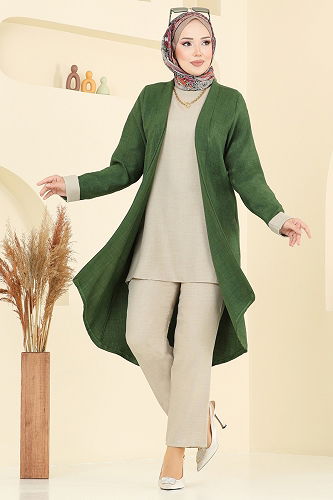 moda selvim Asimetrik Kesim Üçlü Takım 3129HBS856 Yeşil&Taş - Thumbnail